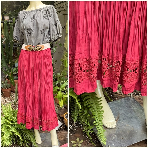 Vintage Pleated Crochet Hem Maxi BroomSkirt Boho Anthro Prairie Small Medium - Picture 1 of 6